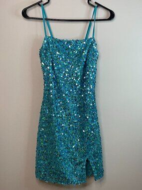 Wild Fable Teal Sequin Mini Dress Size XS 0-2 (No Tag) Adjustable Back Ties